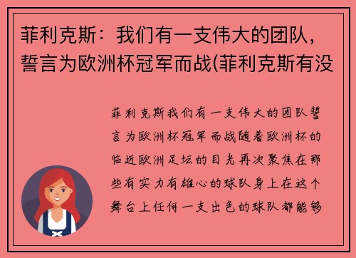 菲利克斯：我们有一支伟大的团队，誓言为欧洲杯冠军而战(菲利克斯有没有参加欧洲杯)
