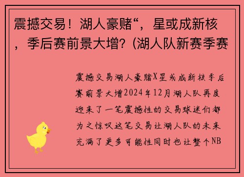 震撼交易！湖人豪赌“，星或成新核，季后赛前景大增？(湖人队新赛季赛程表)